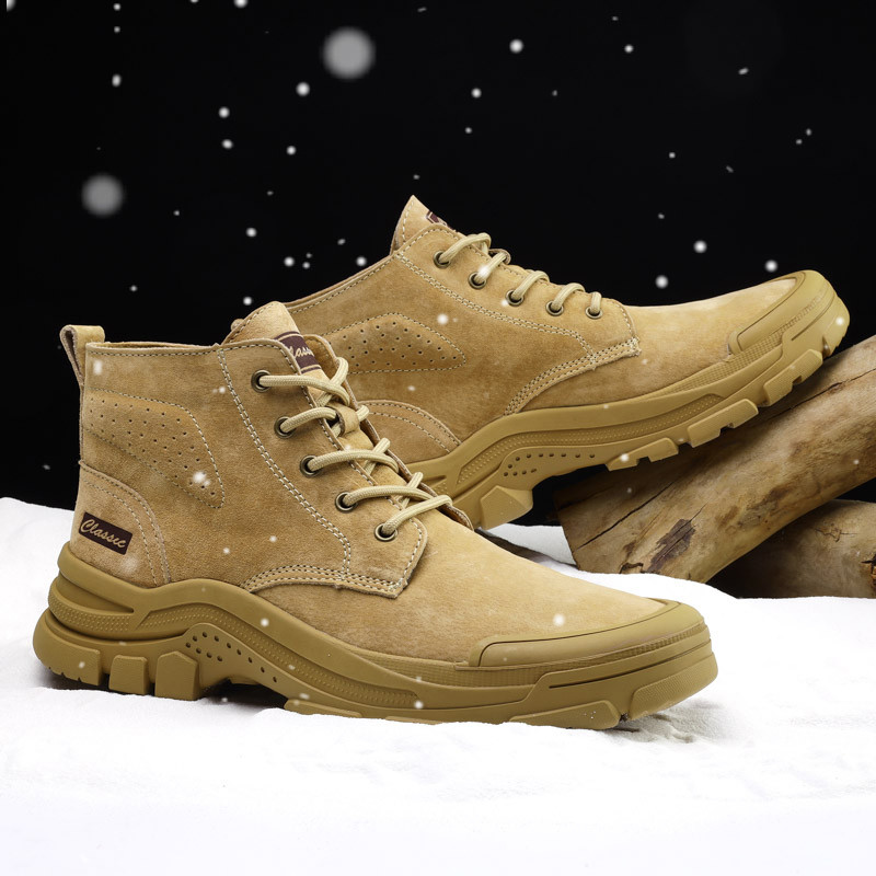Žiemos šilti vyriški sniego batai Zomšiniai odiniai vyriški motociklo batai su kailiu Madingi rankų darbo kulkšnies batai neslystantys aukštakulniai vyriški batai