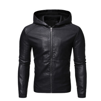 Качулка Мъжко кожено яке Мотоциклет Зима Есен Полар Топло PU Biker Vintage Coat Мъжки moto Ежедневни тънки пилотски кожени якета