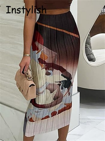 Γυναικεία Vintage Art Print Ribbed Y2K Midi Φούστα Κομψή Bodycon μακριά φούστα Harajuku Wild Bottoms Harajuku Slim Fit Party Φούστα