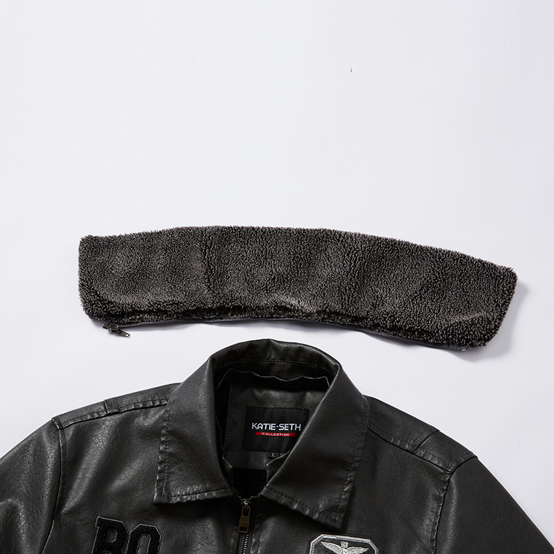 Jachetă de motocicletă vintage pentru bărbați, broderie, guler de blană detașabil, jachete din piele PU, pentru motociclist