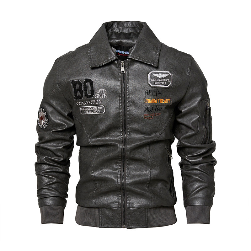 Jachetă de motocicletă vintage pentru bărbați, broderie, guler de blană detașabil, jachete din piele PU, pentru motociclist