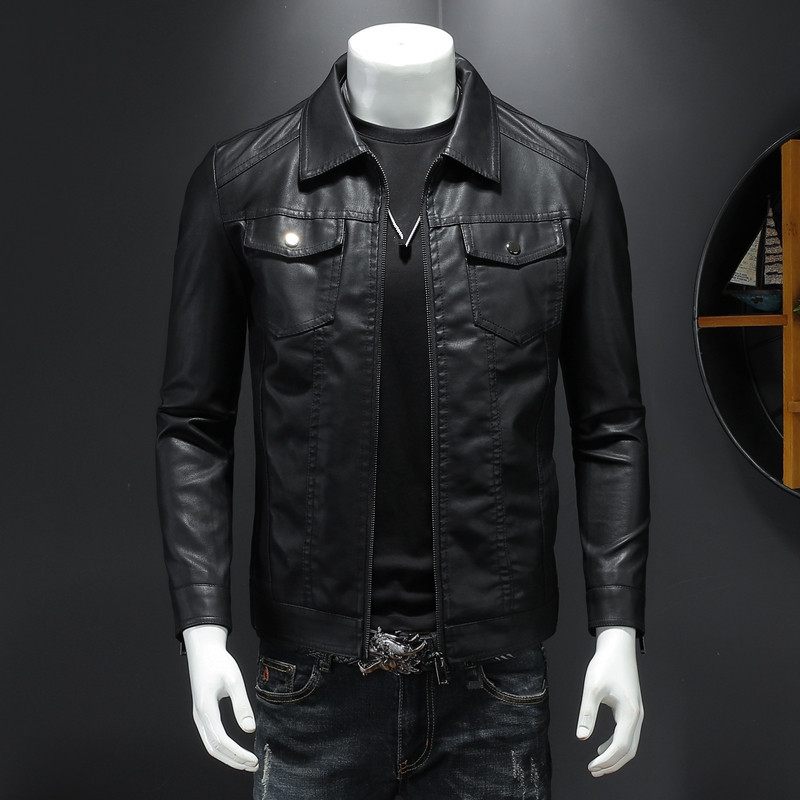 Φθινοπωρινό Χειμώνα Νέα Ανδρικά Δερμάτινα Μπουφάν Μαύρο PU Παλτό Μόδα Λεπτή Εφαρμογή Περιστρεφόμενο γιακά με φερμουάρ από συνθετικό δέρμα