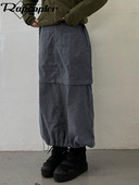 Rapcopter y2k pilki retro ilgi sijonai Prepply Baggy Cargo Patchwork Ruched Midi sijonai Moteriški gatvės aprangos kišenės Korėjietiški 90-ųjų sijonai