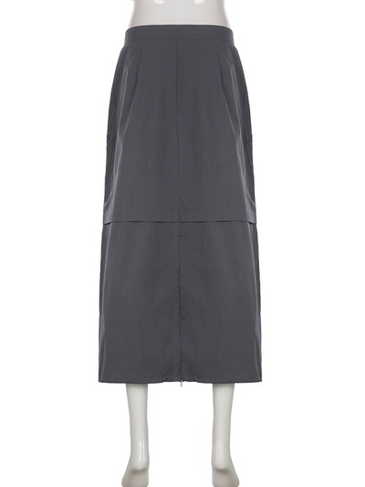 Rapcopter y2k pilki retro ilgi sijonai Prepply Baggy Cargo Patchwork Ruched Midi sijonai Moteriški gatvės aprangos kišenės Korėjietiški 90-ųjų sijonai