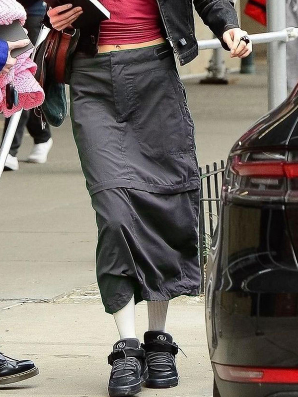 Rapcopter y2k pilki retro ilgi sijonai Prepply Baggy Cargo Patchwork Ruched Midi sijonai Moteriški gatvės aprangos kišenės Korėjietiški 90-ųjų sijonai