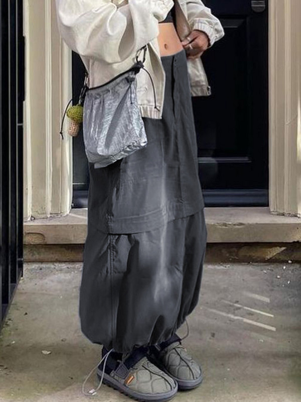 Rapcopter y2k pilki retro ilgi sijonai Prepply Baggy Cargo Patchwork Ruched Midi sijonai Moteriški gatvės aprangos kišenės Korėjietiški 90-ųjų sijonai