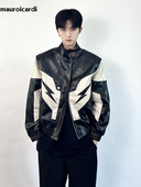 Mauroicardi proljeće jesen kratka pu kožna jakna boje marelice i crne patchwork muške jakne s patentnim zatvaračem i samostojećim ovratnikom luksuzna dizajnerska odjeća