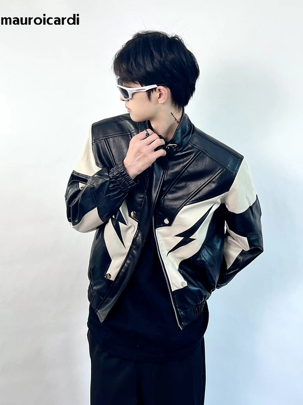 Mauroicardi proljeće jesen kratka pu kožna jakna boje marelice i crne patchwork muške jakne s patentnim zatvaračem i samostojećim ovratnikom luksuzna dizajnerska odjeća
