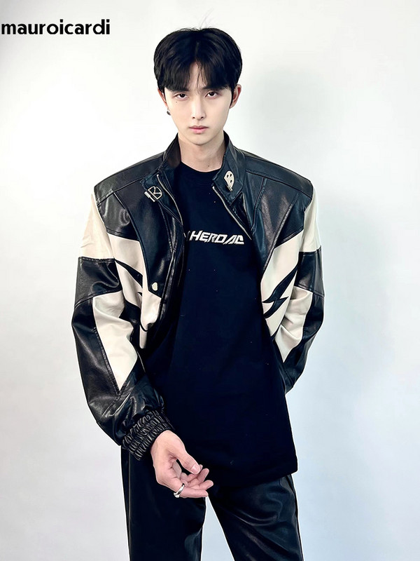 Mauroicardi proljeće jesen kratka pu kožna jakna boje marelice i crne patchwork muške jakne s patentnim zatvaračem i samostojećim ovratnikom luksuzna dizajnerska odjeća