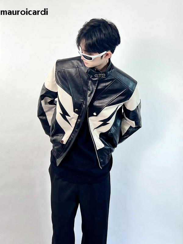 Mauroicardi proljeće jesen kratka pu kožna jakna boje marelice i crne patchwork muške jakne s patentnim zatvaračem i samostojećim ovratnikom luksuzna dizajnerska odjeća