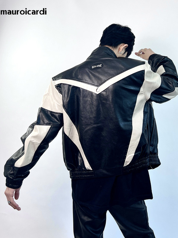 Mauroicardi proljeće jesen kratka pu kožna jakna boje marelice i crne patchwork muške jakne s patentnim zatvaračem i samostojećim ovratnikom luksuzna dizajnerska odjeća