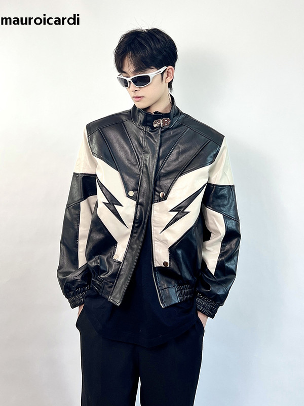 Mauroicardi proljeće jesen kratka pu kožna jakna boje marelice i crne patchwork muške jakne s patentnim zatvaračem i samostojećim ovratnikom luksuzna dizajnerska odjeća