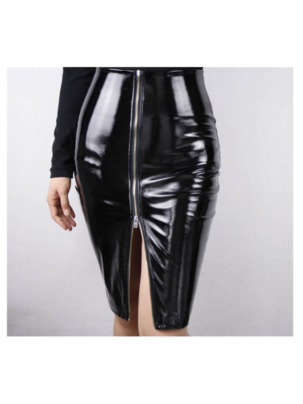 2022 m. vidutinio dydžio sijonas, seksualus moteriškas, mini plyšimas, elegantiškas Bodycon pieštukas su aukštu juosmeniu, PU lakinė oda, juoda biuro plonas trumpas Mujer