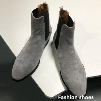 Мъжки ботуши Челси, ръчно изработени кравешки кадифени сиви квадратни пръсти със среден ток, модни бизнес ежедневни ежедневни мъжки обувки с приплъзване