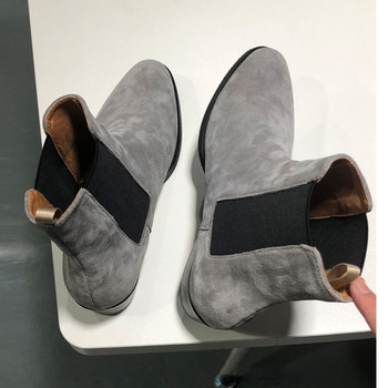 Мъжки ботуши Челси, ръчно изработени кравешки кадифени сиви квадратни пръсти със среден ток, модни бизнес ежедневни ежедневни мъжки обувки с приплъзване