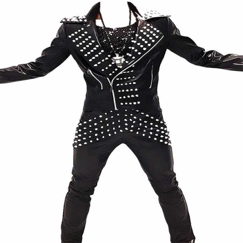 Idopy Jachetă din piele artificială pentru bărbați, cu nituri, cu împânzire, cu guler cu rever, haină pentru motociclete pentru bărbați