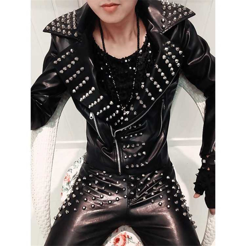 Idopy Jachetă din piele artificială pentru bărbați, cu nituri, cu împânzire, cu guler cu rever, haină pentru motociclete pentru bărbați