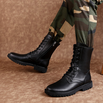 Νέα ανδρικά δερμάτινα παπούτσια Γνήσιες χειμερινές μακριές ανδρικές μπότες Casual punk μπότες μοτοσυκλέτας Πλαϊνό φερμουάρ Μαύρες μασίφ στρατιωτικές μπότες