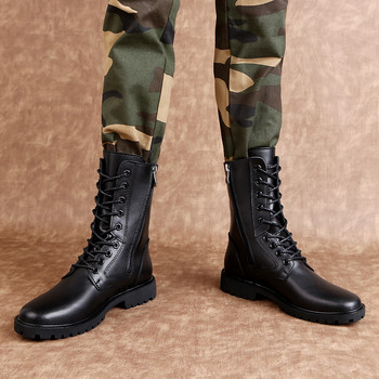 Нови мъжки кожени обувки Истински зимни дълги мъжки ботуши Ежедневни пънк мотоциклетни ботуши Страничен цип Черни плътни военни военни ботуши