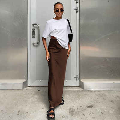 Fuste negre din satin Fusta trompeta cu talie inalta femei Fusta maxi verde pentru femeie Toamna Matase Elegant Streetwear Fusta lunga rosie solida