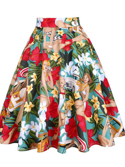 Sieviešu skrejceļš kokvilnas retro retro svārki melni Faldas ar augstu vidukli A līnija Rockabilly Jupe 50s Swing lietussargu svārki Pin Up Skater