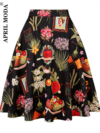 Sieviešu skrejceļš kokvilnas retro retro svārki melni Faldas ar augstu vidukli A līnija Rockabilly Jupe 50s Swing lietussargu svārki Pin Up Skater