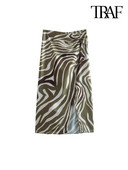 TRAF Γυναικεία μόδα μπροστινό σκίσιμο με πιέτες Animal print Midi φούστα Vintage ψηλόμεσο με φερμουάρ στο πλάι Γυναικείες φούστες Mujer