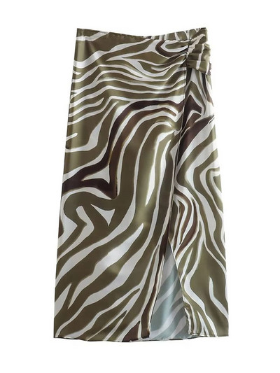 TRAF Γυναικεία μόδα μπροστινό σκίσιμο με πιέτες Animal print Midi φούστα Vintage ψηλόμεσο με φερμουάρ στο πλάι Γυναικείες φούστες Mujer