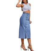 Fusta albastră din denim cu talie elastică midi cu tivul despicat Albastru închis șic Casual Femei Fuste lungi din denim vintage Blugi 2023 Fusta midi