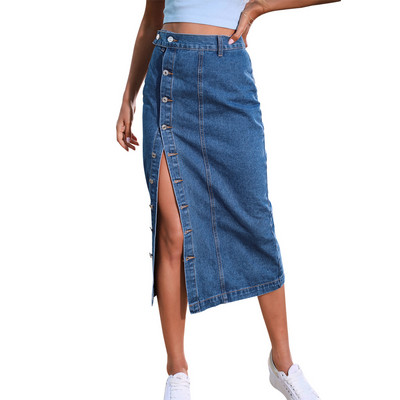 Fusta albastră din denim cu talie elastică midi cu tivul despicat Albastru închis șic Casual Femei Fuste lungi din denim vintage Blugi 2023 Fusta midi