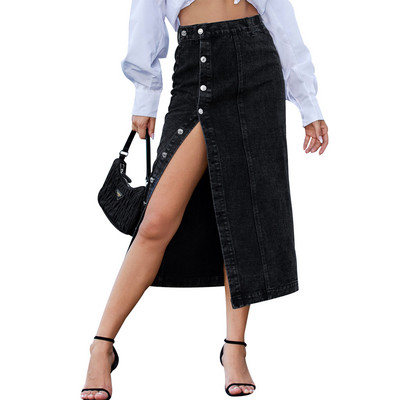 Fusta albastră din denim cu talie elastică midi cu tivul despicat Albastru închis șic Casual Femei Fuste lungi din denim vintage Blugi 2023 Fusta midi