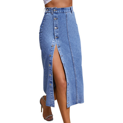Fusta albastră din denim cu talie elastică midi cu tivul despicat Albastru închis șic Casual Femei Fuste lungi din denim vintage Blugi 2023 Fusta midi
