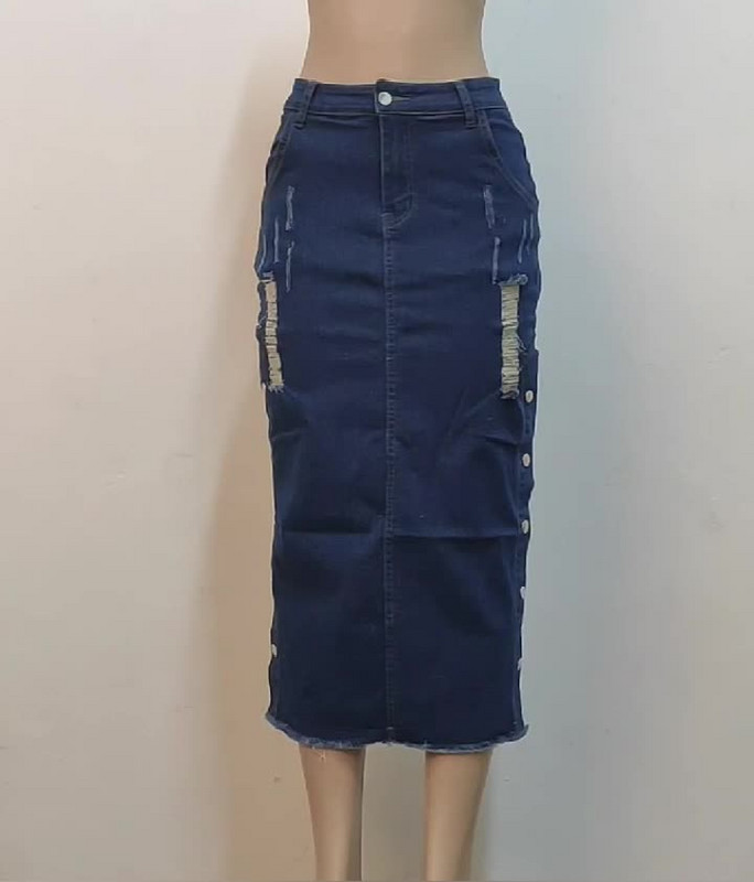 Fusta albastră din denim cu talie elastică midi cu tivul despicat Albastru închis șic Casual Femei Fuste lungi din denim vintage Blugi 2023 Fusta midi