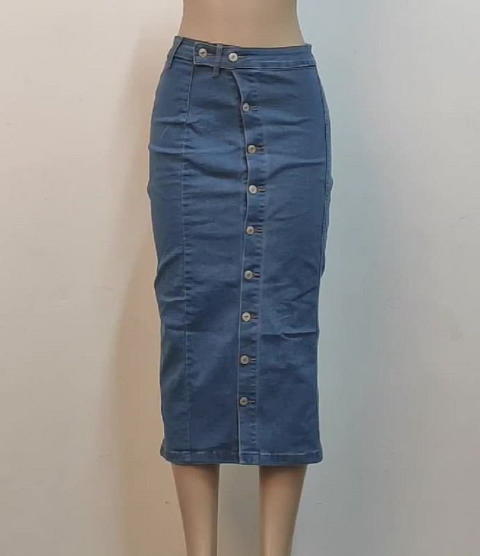 Fusta albastră din denim cu talie elastică midi cu tivul despicat Albastru închis șic Casual Femei Fuste lungi din denim vintage Blugi 2023 Fusta midi
