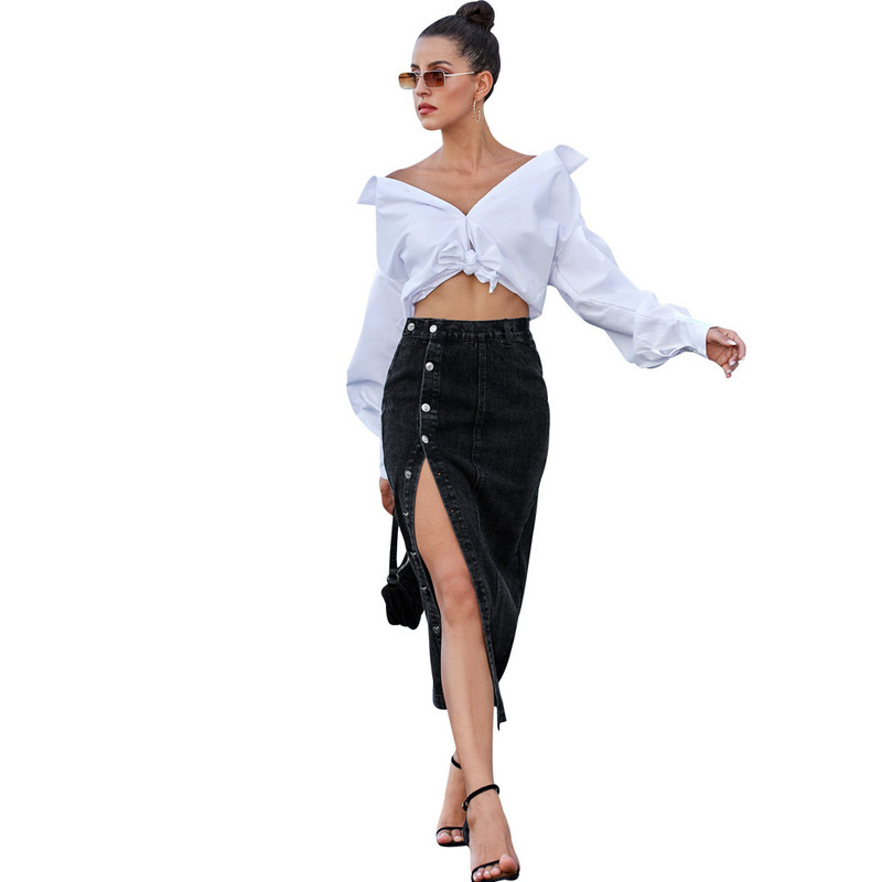 Fusta albastră din denim cu talie elastică midi cu tivul despicat Albastru închis șic Casual Femei Fuste lungi din denim vintage Blugi 2023 Fusta midi