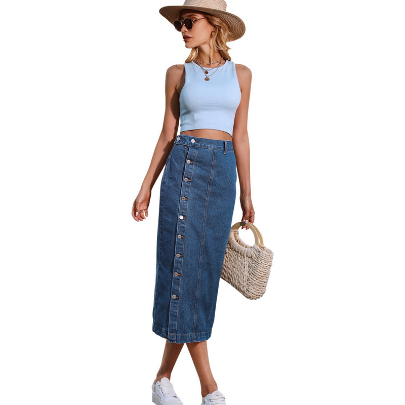 Fusta albastră din denim cu talie elastică midi cu tivul despicat Albastru închis șic Casual Femei Fuste lungi din denim vintage Blugi 2023 Fusta midi
