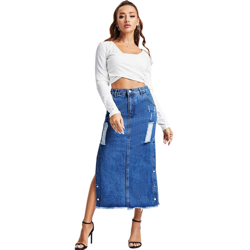 Fusta albastră din denim cu talie elastică midi cu tivul despicat Albastru închis șic Casual Femei Fuste lungi din denim vintage Blugi 2023 Fusta midi