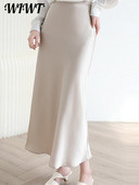 Fusta din satin solid Y2K pentru femei 2023, vară, cu talie înaltă, fustă lungă, elegantă, pentru plajă, fuste maxi