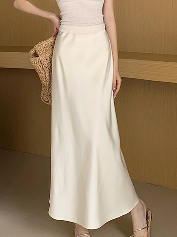 Fusta din satin solid Y2K pentru femei 2023, vară, cu talie înaltă, fustă lungă, elegantă, pentru plajă, fuste maxi
