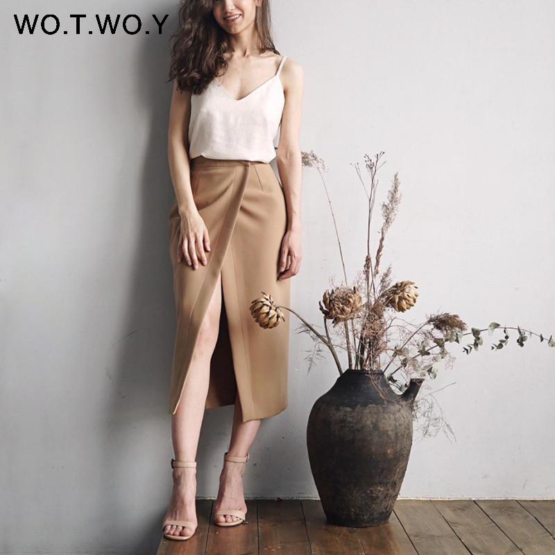 WOTWOY Ljetne elegantne midi suknje visokog struka s prednjim rascjepom Ženske omotne uredske ženske suknje A kroja Ženska ležerna ravna gotička suknja