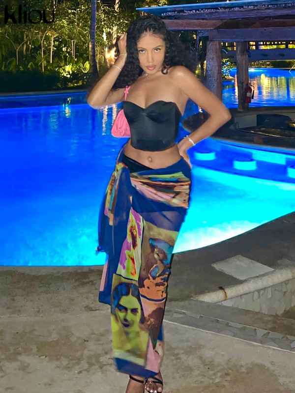 Kliou mrežaste suknje s estetskim printom Ženske zapanjujuće seksi nepravilnog oblika Jedinstveni stil Bočna čipkana odjeća Klubska odjeća Ženska odjeća