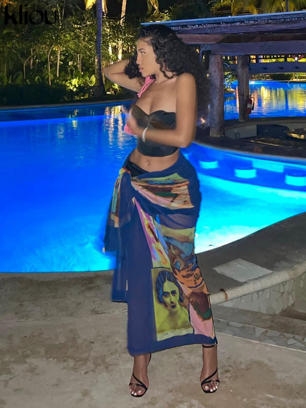 Kliou mrežaste suknje s estetskim printom Ženske zapanjujuće seksi nepravilnog oblika Jedinstveni stil Bočna čipkana odjeća Klubska odjeća Ženska odjeća