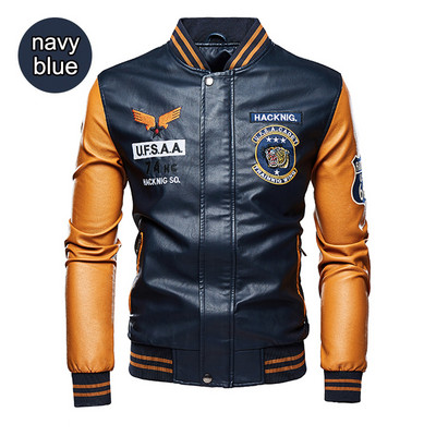 Δερμάτινο μπουφάν Ανδρικό μπουφάν μπέιζμπολ Κεντημένο Παλτό Pu Ανδρικό Faux Bomber Pilot Fleece Jacket Man Stand Collar Biker Jacket Coat