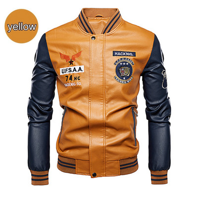 Δερμάτινο μπουφάν Ανδρικό μπουφάν μπέιζμπολ Κεντημένο Παλτό Pu Ανδρικό Faux Bomber Pilot Fleece Jacket Man Stand Collar Biker Jacket Coat