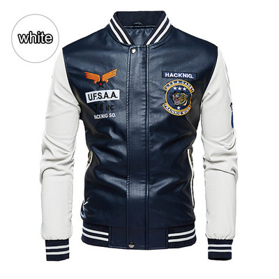 Δερμάτινο μπουφάν Ανδρικό μπουφάν μπέιζμπολ Κεντημένο Παλτό Pu Ανδρικό Faux Bomber Pilot Fleece Jacket Man Stand Collar Biker Jacket Coat