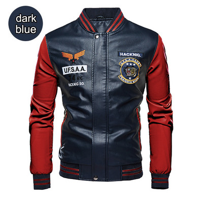 Δερμάτινο μπουφάν Ανδρικό μπουφάν μπέιζμπολ Κεντημένο Παλτό Pu Ανδρικό Faux Bomber Pilot Fleece Jacket Man Stand Collar Biker Jacket Coat