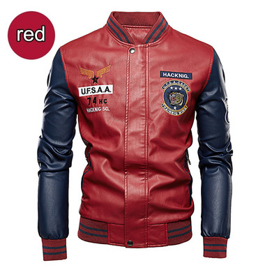 Δερμάτινο μπουφάν Ανδρικό μπουφάν μπέιζμπολ Κεντημένο Παλτό Pu Ανδρικό Faux Bomber Pilot Fleece Jacket Man Stand Collar Biker Jacket Coat