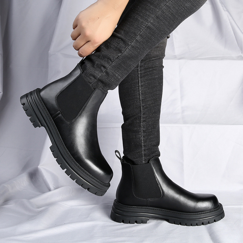 Cizme Chelsea din piele pentru bărbați în stil britanic Cizme cu platformă pentru bărbați cu fund gros Încălțăminte pentru motociclete în stil punk pantofi casual negri