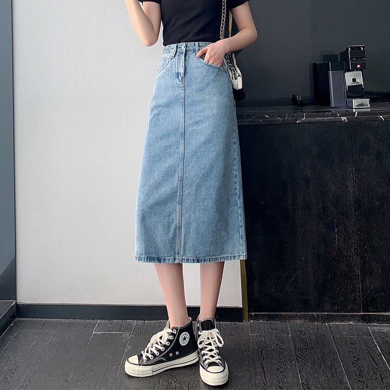 Τζιν φούστες Γυναικείες μονόχρωμες μίντι φούστες με ψηλόμεσο σε γραμμή Α casual φαρδιά κορεάτικη μοντέρνα ρούχα Streetwear All-match Vintage Retro Teens Chic