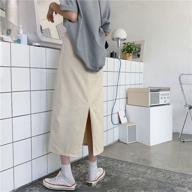 Τζιν φούστες Γυναικείες μονόχρωμες μίντι φούστες με ψηλόμεσο σε γραμμή Α casual φαρδιά κορεάτικη μοντέρνα ρούχα Streetwear All-match Vintage Retro Teens Chic